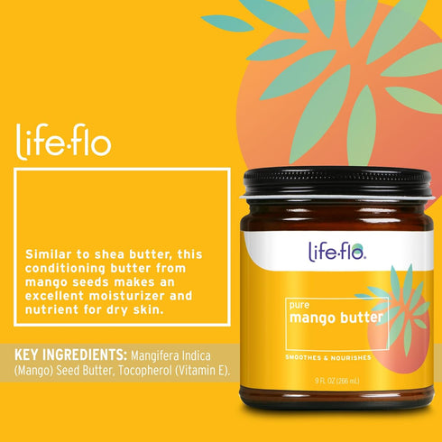 Life-flo Pure Mango Butter, Soothing Moisturizer for Dry Skin Care, 9 oz, Doubles as Lip Balm and Hand Lotion