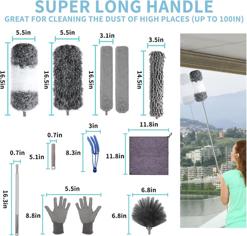 Microfiber Feather Duster with Extension Pole 30 to 100 inches, Reusable, Washable Dusters for Cleaning Ceiling Fans,