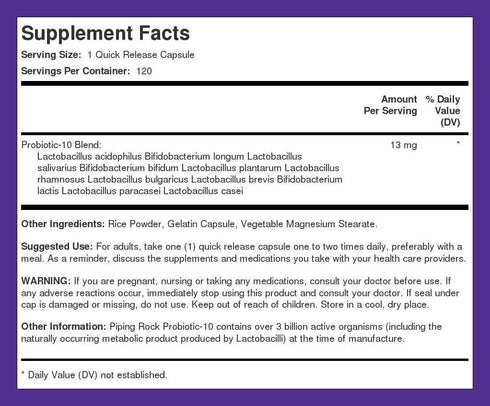 Piping Rock Probiotic Acidophilus, 120 Capsules with 14 Strains, 3 Billion Organisms, Non-GMO, Gluten Free