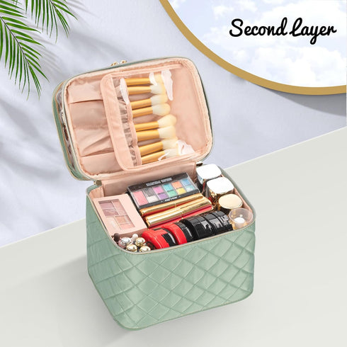 OCHEAL Large Double Layer Makeup Bag, Vertical Storage Cosmetic Case for Women/Girls with Multiple Compartments-Green