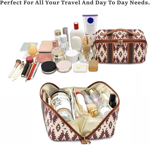 PU Bohemian Makeup Bag, Travel Make Up Organizer Case, Waterproof Portable Skincare Storage Pouch for Women, Large