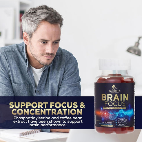 Brain Supplement for Memory & Focus | Nootropics for Concentration | 60 Gummies with B6, B12, Phosphatidylserine