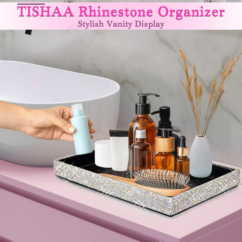TISHAA Bling Decorative Tray Holder | Makeup Cosmetic Jewelry Ring Key Display Dish | Crystal Rhinestone Glitter