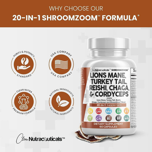 Clean Nutraceuticals Lions Mane 3000mg, 20in1 Mushroom Supplement with Turkey Tail, Reishi, Cordyceps & More - 60 Count