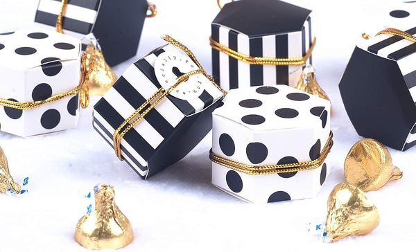 Aimto Black and White Favor Boxes, Treat Boxes with Tags and Rope, 50Pcs 2"x 2"x 1"