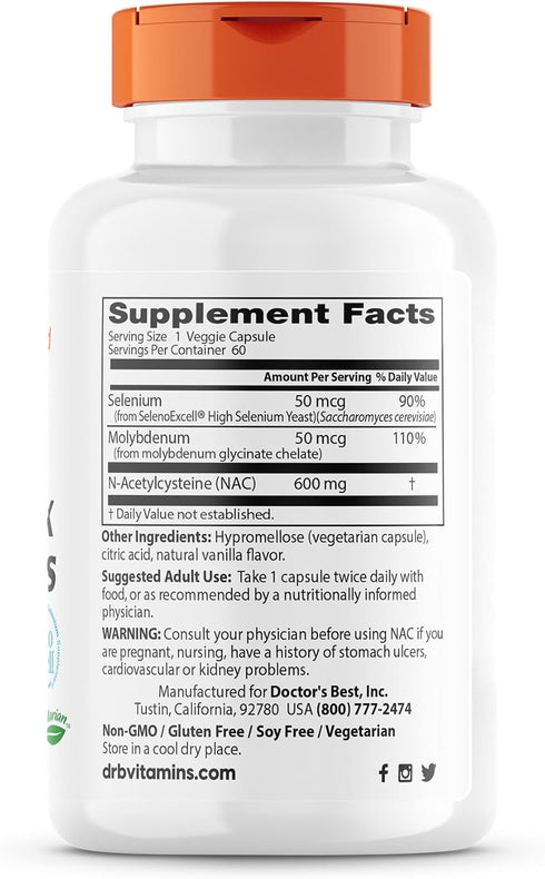 Doctor's Best NAC Detox Regulators with Seleno Excell, Non-GMO, Vegetarian, Gluten Free, Soy Free, 60 Veggie Caps