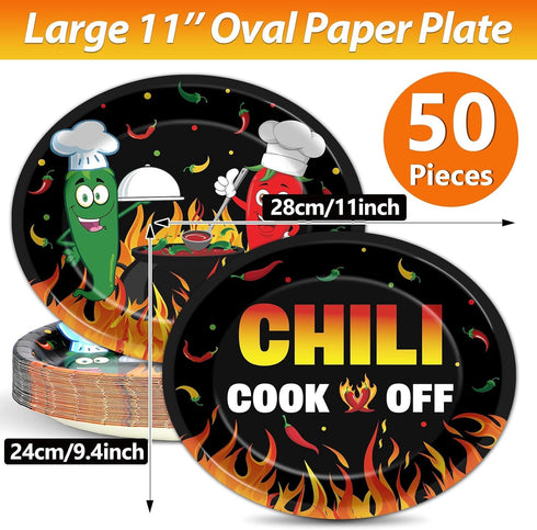 50 Pcs Chili Cook Off Oval Paper Plates 11 inch Large Disposable Red Hot Chili Contest Platters, Dish Tray for Mexican Fiesta Chili Cooking Competition Chili Cook Off Dinner Party Tableware by Qyeahkj