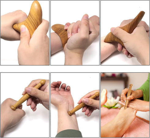 Honbay 2PCS Reflexology Tools Wood Body Massager Triangle Gua Sha Board Scraping Board Foot Massage Stick Tool Head