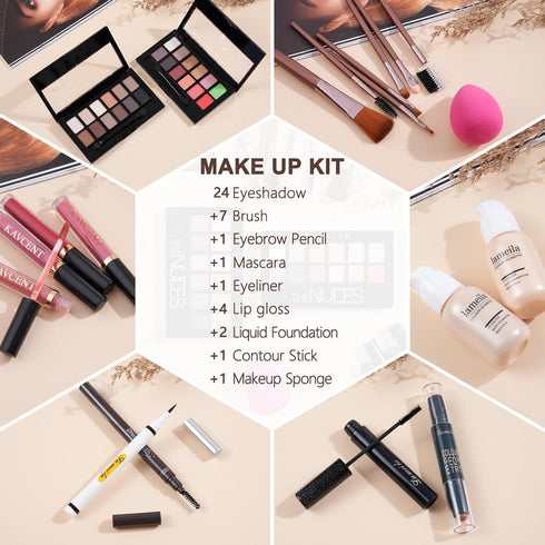 Makeup Set for Women, Full Kit Makeup Sets for Teens with Eyeshadow Palette, Lip Gloss, Foundation, Mascara, Eyeliner