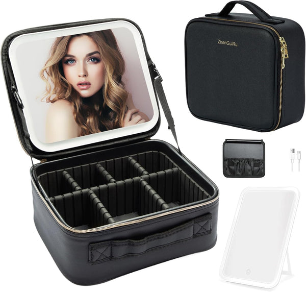 Travel Makeup Bag, Black Cosmetic Train Case with Lighted Mirror, Adjustable Brightness, Toiletry Storage Case for