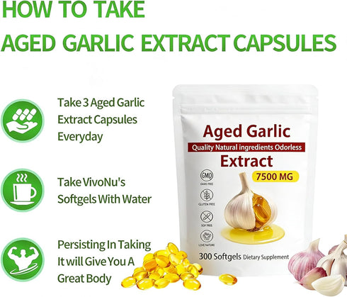 Yiishuiil 7500mg Immune 300 Aged Garlic Extract - Odorless, Organic Garlic Extract Capsules | Heart & Antioxidant