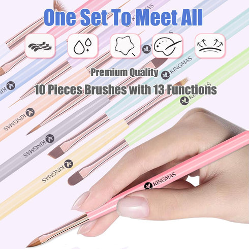 KINGMAS 10Pcs Nail Art Brushes, Nail Gel Polish Painting Brush, Nail Liner Brush and Dotting Pen for DIY Manicure