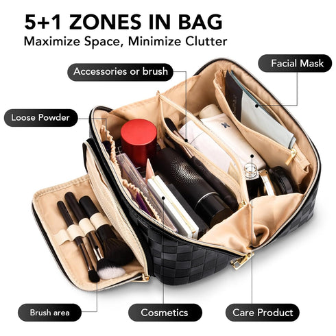 stona Travel Makeup Bag for Women, Large Capacity Waterproof Checkered Cosmetic Organizer with Divider and Handle, Black