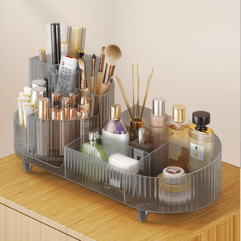 Rotating Makeup Organizer for Vanity - Large Spinning Cosmetic Storage with Brush Holder for Makeup, Skincare, Perfume