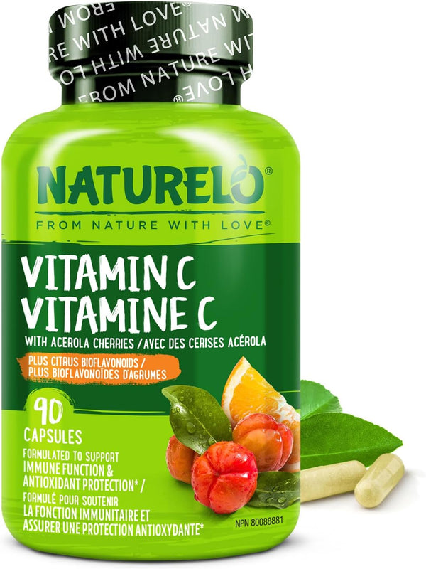 NATURELO Vitamin C Vegan Supplement with Organic Acerola Cherry Extract, 500 mg VIT C per Cap, 90 Capsules