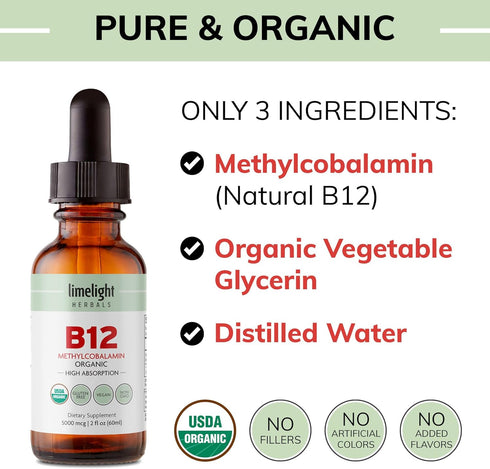 Organic Vitamin B12 Sublingual Drops, Extra Strength 5000 mcg Methylcobalamin, No Additives, Vegan Liquid B12 – Supports Energy Production, Nervous System Health, 2 fl oz Made in USA