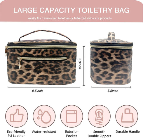 FITINI Makeup Bag Portable Cosmetic Bags,Large Travel Make-up Organize PU Leather Toiletry Bag for Women Purse With Handle Zipper Cosmetic Brush Pouch,Brown Leopard
