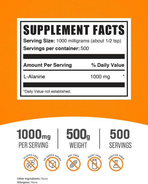 BulkSupplements.com L-Alanine Powder, 1000mg Alanine Supplement, Unflavored & Gluten Free, 500g (1.1 lbs) (Pack of 1)