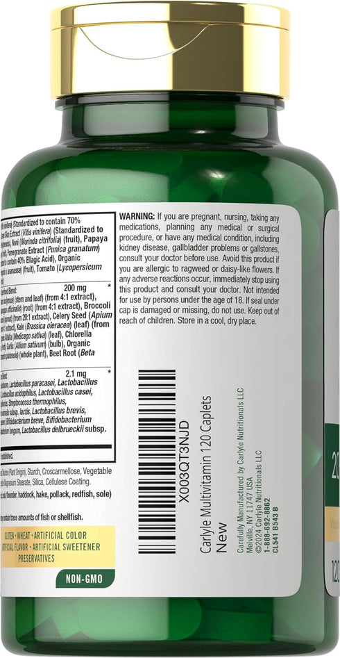 Carlyle Fruits and Veggies Supplement, 120 Count, Superfood Multivitamin with Probiotics, Made with 20 Fruits and