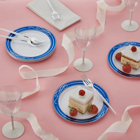 SILVER SPOONS Elegant Disposable Plates - (10 Piece) Heavy Duty Dessert Set 7.5”, Fine Dining Plastic Dishes, Blue