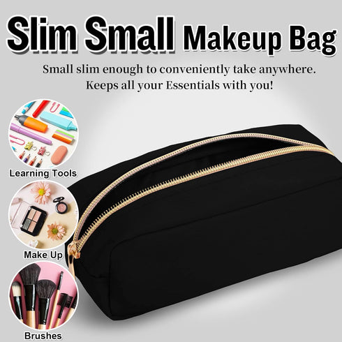 Nylon Small Makeup Bag, Slim Pouch for Preppy Cute Makeup Brush, Black Zipper Pouch for Travel Toiletry Bag