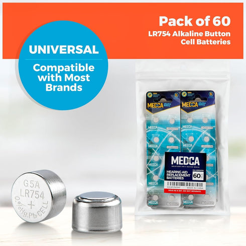 MEDca AG5 LR754 Batteries - 60 Count Pack 1.5V Alkaline 754 LR48 193 for Hearing Aids