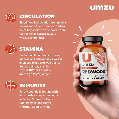 UMZU Redwood Nitric Oxide Supplement, Natural Blood Flow Support with Vitamins, Garlic & L-Leucine, 30 Day Supply (180
