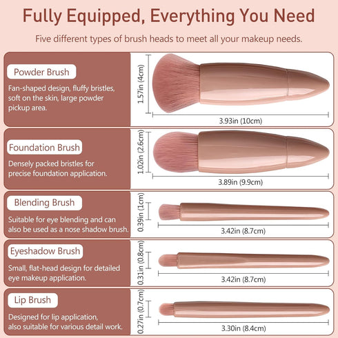 Pink Travel Makeup Brush Set with Mirror, 5 Pcs Mini Complete Cosmetic Brushes Kit (4.2 inch * 3.0 inch)