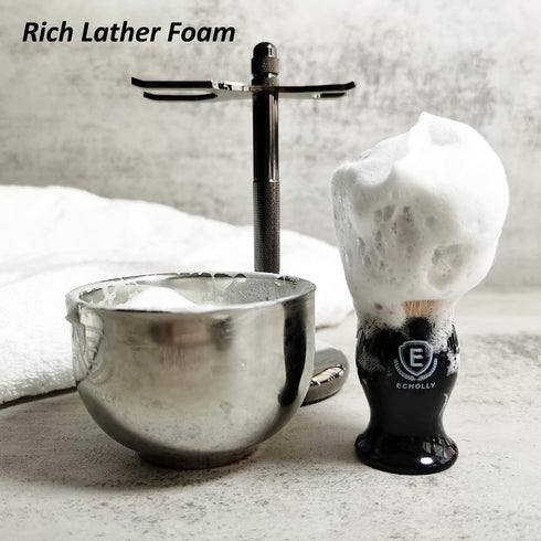 Premium Shaving Brush Kit - 3 in 1 Set for Men with Badger Synthetic Hair Brush, Stainless Steel Soap Bowl, Safety