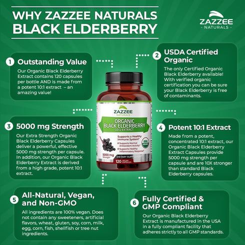 Zazzee USDA Organic Black Elderberry 10:1 Extract, 5000 mg Strength, 120 Vegan Capsules, 2 Month Supply