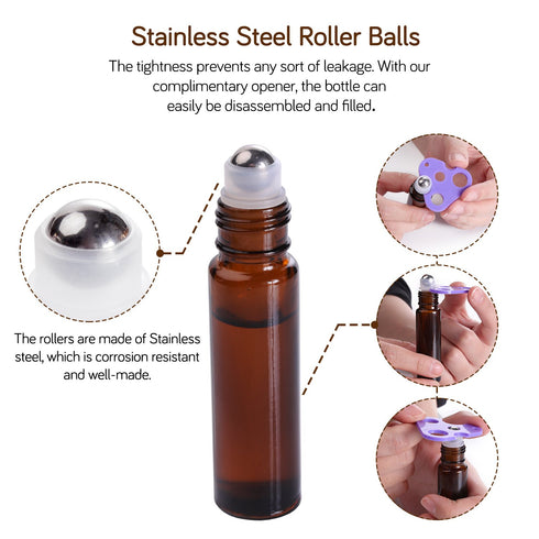 PrettyCare Essential Oil Roller Bottles 10ml Amber Glass 12 Pack with 2 Extra Roller Balls, Labels, Opener, Funnels