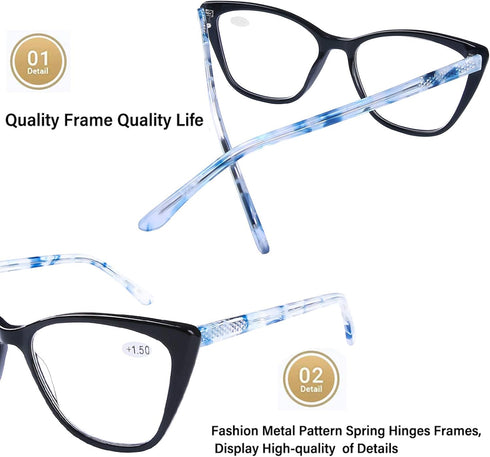 AQWANO Women Oversized Computer Reading Glasses, Vintage Designer Cat Eye Readers, Blue Light Blocking, Black 2.75