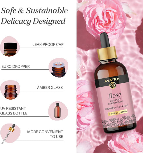 Avatra Rose Essential Oil | Pure & Natural for Diffuser, Skin, Hair & Aromatherapy, 3.38 Fl Oz