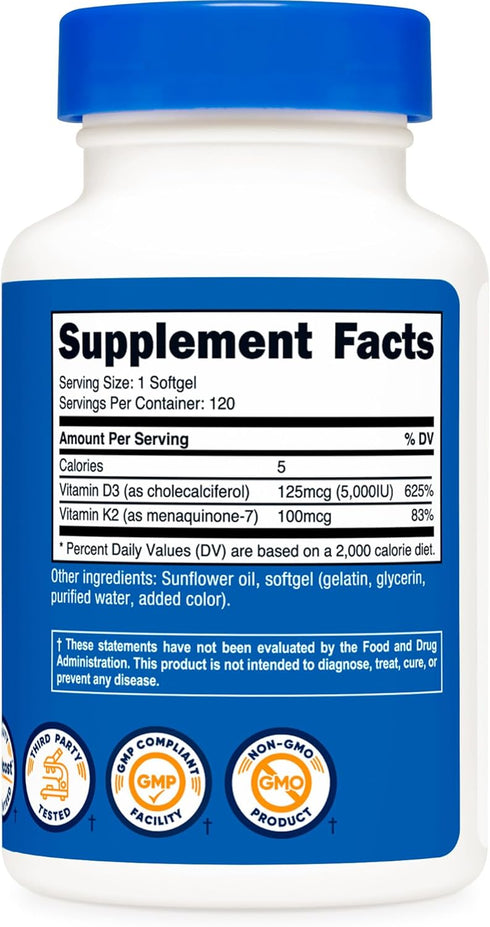 Nutricost Vitamin K2 (MK7) 100mcg + Vitamin D3 5000 IU - 120 Softgels, Gluten Free and Non-GMO