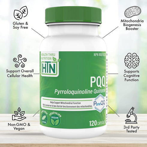Health Thru Nutrition PQQ 20mg, 120 Servings, Certified Vegan, Non-GMO Gluten Soy Free Capsules