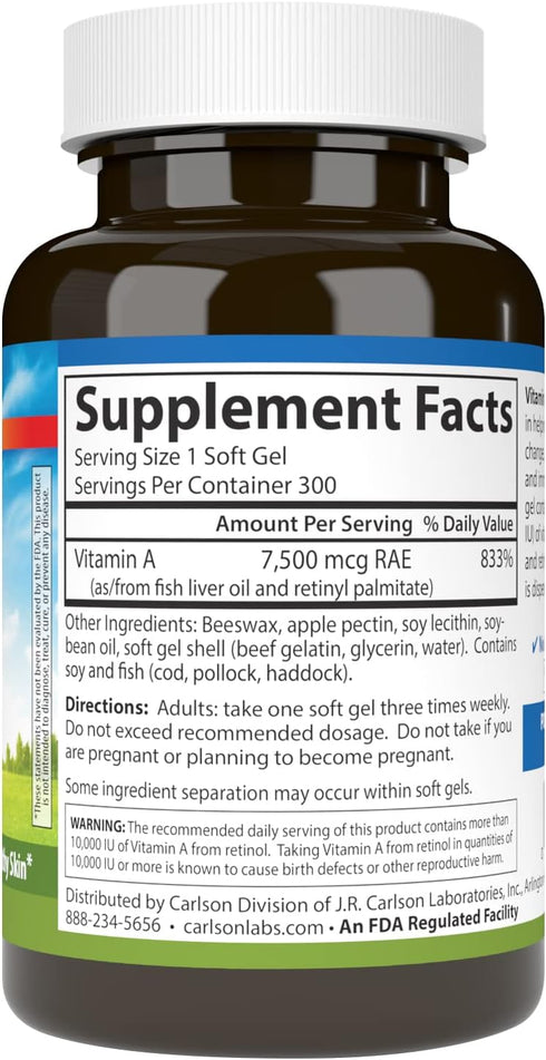 Carlson Vitamin A, 25000 IU (7500 mcg RAE) with Pectin for Vision Health, 300 Softgels