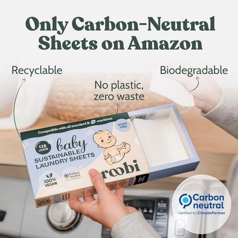 Roobi Unscented Baby Laundry Detergent Sheets for Sensitive Skin, Sustainable for Newborns & Infants, Up to 128 Loads