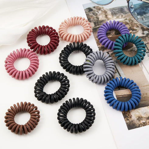 Matte Coil Ponytail Holders, 10 Pcs (Black) - No Crease Plastic Spiral Hair Ties for Thick and All Hair Types