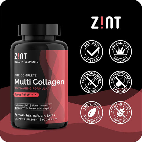 Zint Multi Collagen Pills - Hydrolyzed Collagen Supplements for Hair, Skin, Nails & Joint Health (90 Count)