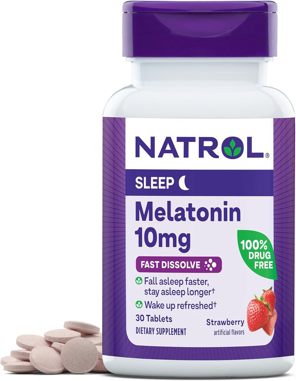 Natrol Sleep Melatonin 10mg Fast Dissolve Tablets, Nighttime Sleep Aid for Adults, 30 Strawberry-Flavored Tablets