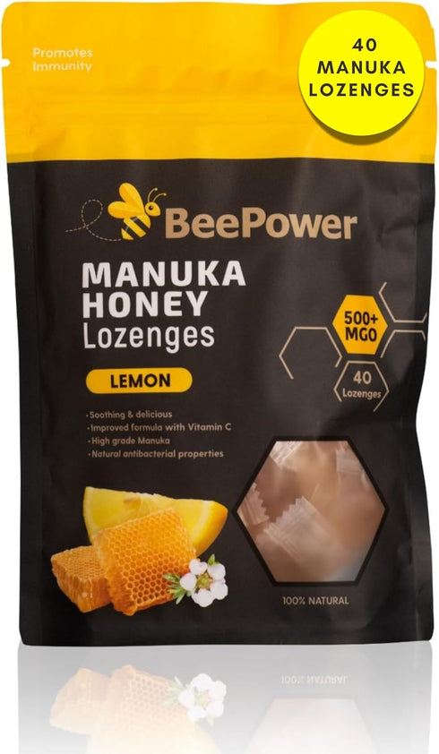 Bee Power Manuka Honey Lozenges - MGO 500+ Honey Cough Drops for Soothing Dry Throat, 40 Lozenges, Lemon Flavor