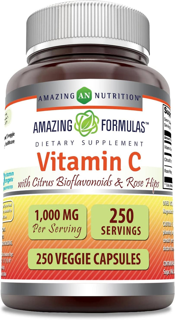 Amazing Formulas Vitamin C 1000 mg - 250 Count - with Rose HIPS & Citrus Bioflavonoids - Veggie Capsules