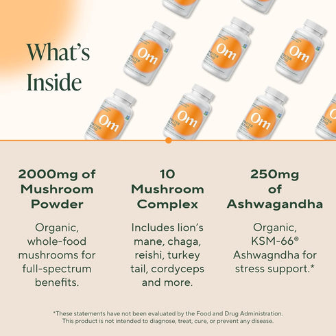 Om Master Blend Mushroom Capsules, Organic Supplement with 10 Mushrooms and Ashwagandha, 84 Count
