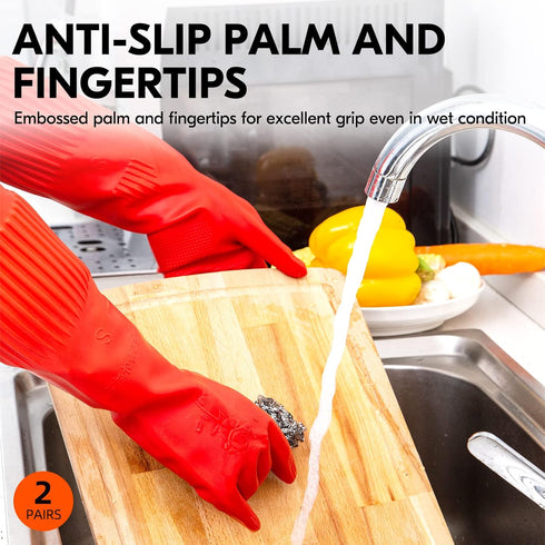 Vgo... 2-Pairs Red Dishwashing Gloves, Reusable Household Kitchen Gloves, Long Sleeve, Thick Latex