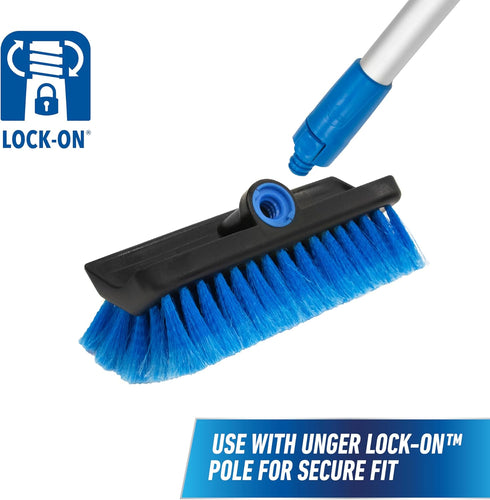 Unger Professional Lock-On 10” Bi-Level Soft Wash Brush, Compatible with 48" Water-Flow Pole for Cleaning
