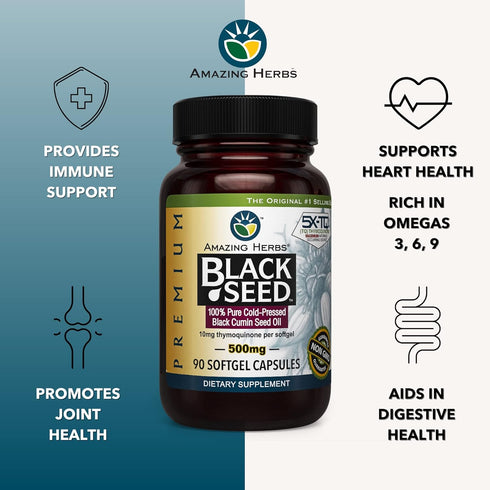 Amazing Herbs Premium Black Seed Oil Capsules - Cold Pressed Nigella Sativa, 90 Count, 500mg