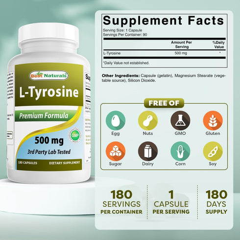 Best Naturals L-Tyrosine 500 Mg 180 Capsules - Supports Mental Alertness, Energy, Focus, Healthy Glandular Function and Balance