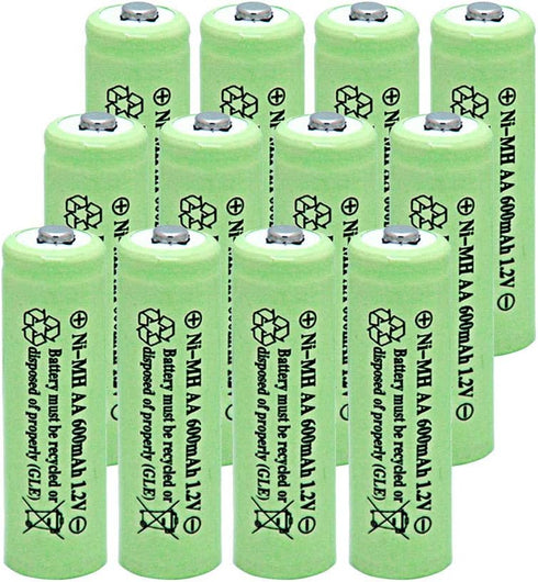 NiMH AA 600mAh 1.2V Rechargeable Batteries (Pack of 12) for Solar Lights, Garden Lights, Remotes, Mice