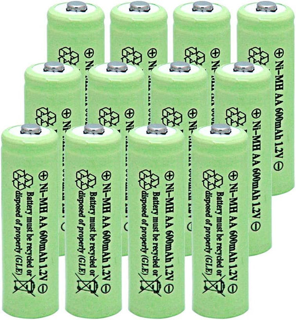 NiMH AA 600mAh 1.2V Rechargeable Batteries (Pack of 12) for Solar Lights, Garden Lights, Remotes, Mice