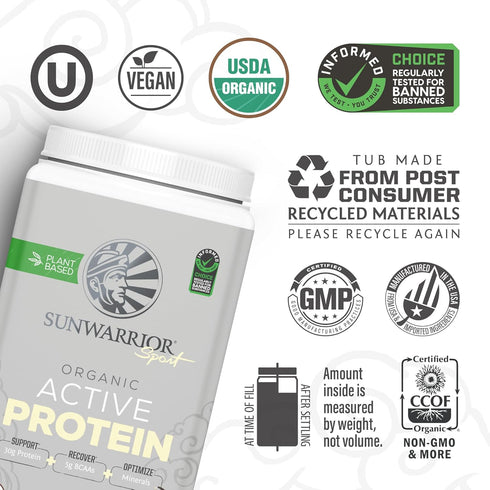 Sunwarrior Vegan Protein Powder, Plant-Based USDA Organic BCAAs, Sugar Free, Vanilla Flavored, 20 Servings